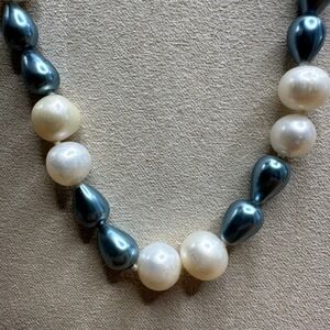 Women Necklace White Blue Good Faux Pearl Sterling Silver Coastal Teardrop Mix